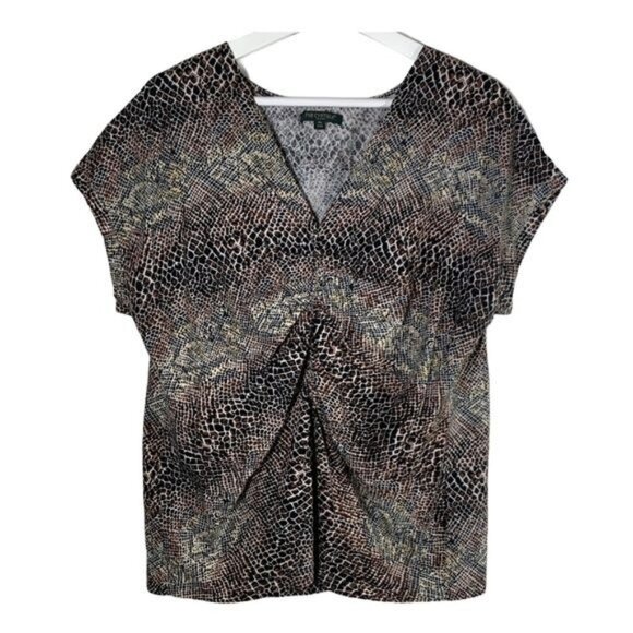 For Cynthia Linen Blend Brown Animal Print Blouse PL | V Neck Fall Top - Picture 1 of 9